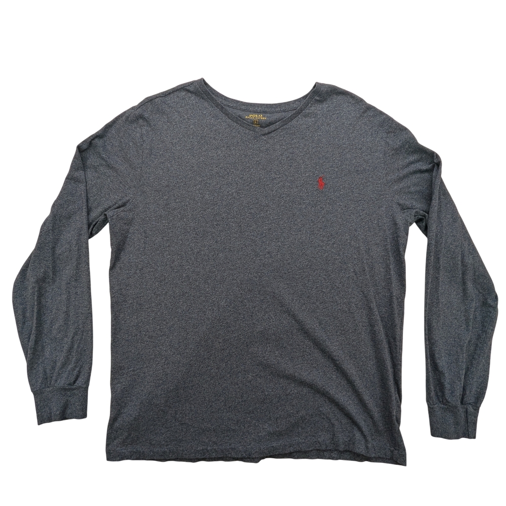 Polo Ralph Lauren Shirt Mens Large Long Sleeve V Neck Gray Logo Classic Top